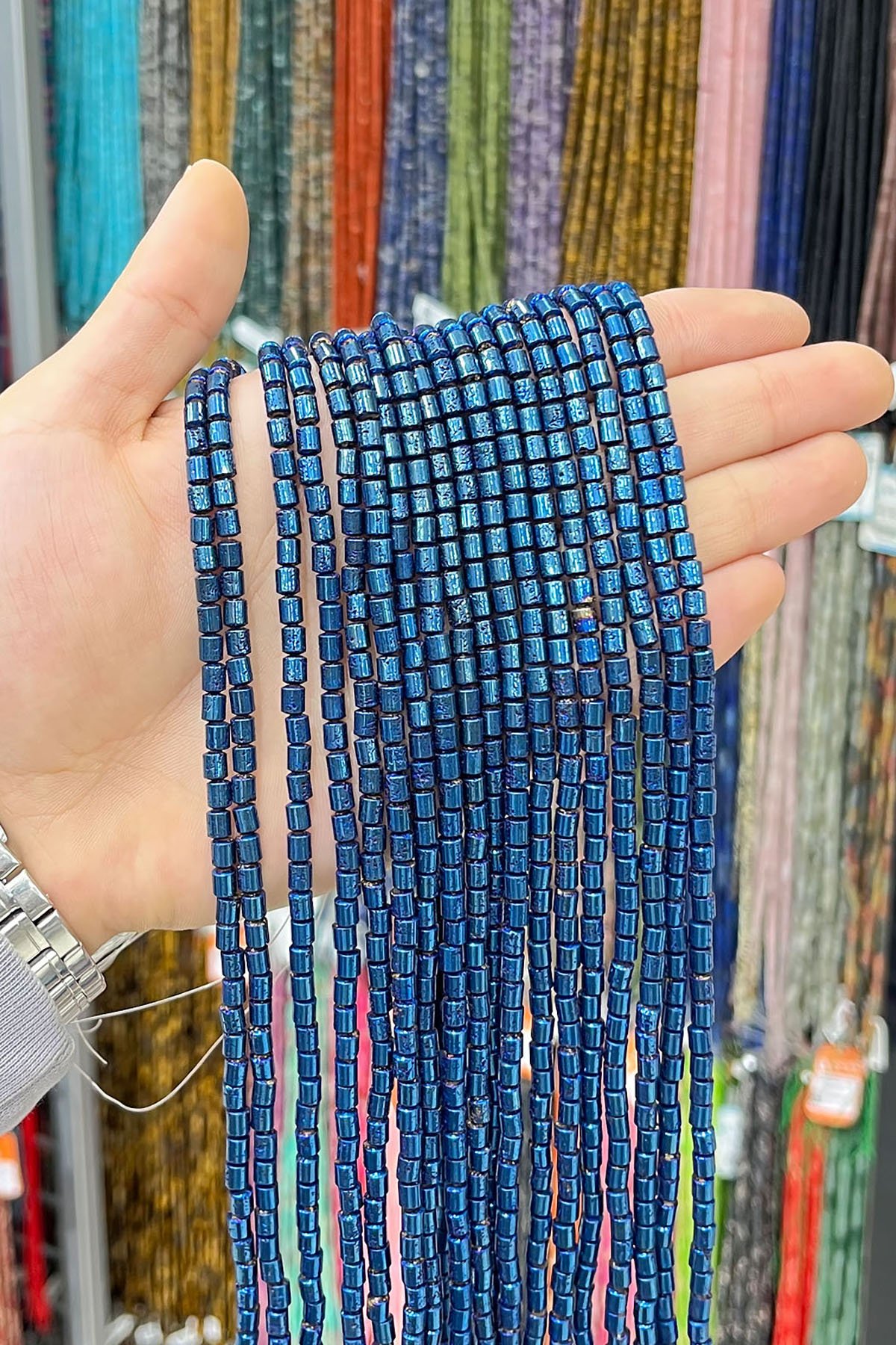 Hematit Taşı Silindir Kesim 4x5mm- Parlak Mavi Doğal Taş Dizi