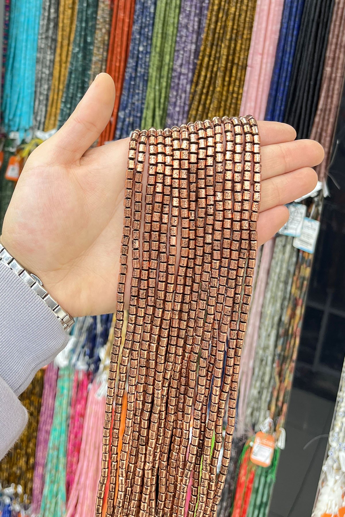 Hematit Taşı Silindir Kesim 4x5mm-Pütürlü Antik Bakır Doğal Taş Dizi