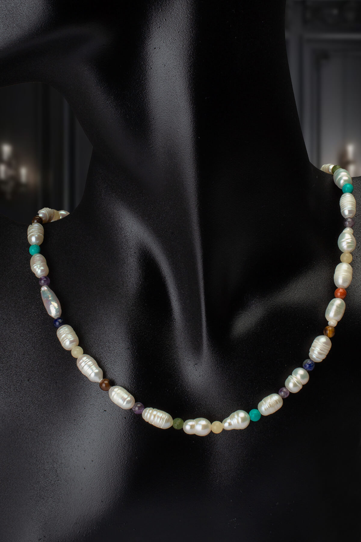 İnci Doğal Taş Arpa Kesim Çakra Taşlı Kolye