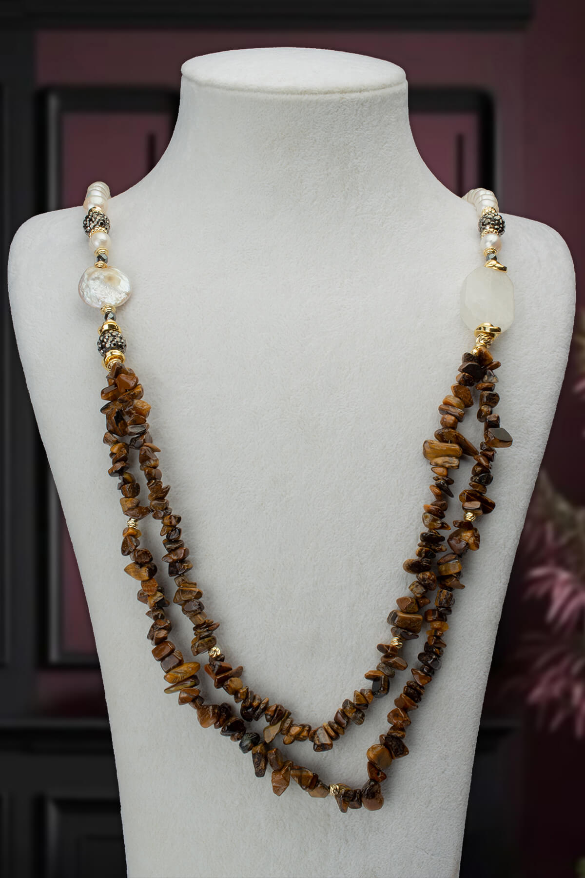 İnci Doğal Taş Karışık 2 li Kaplan Gözü Kırık Taş Markazit Uzun Çelik Kolye