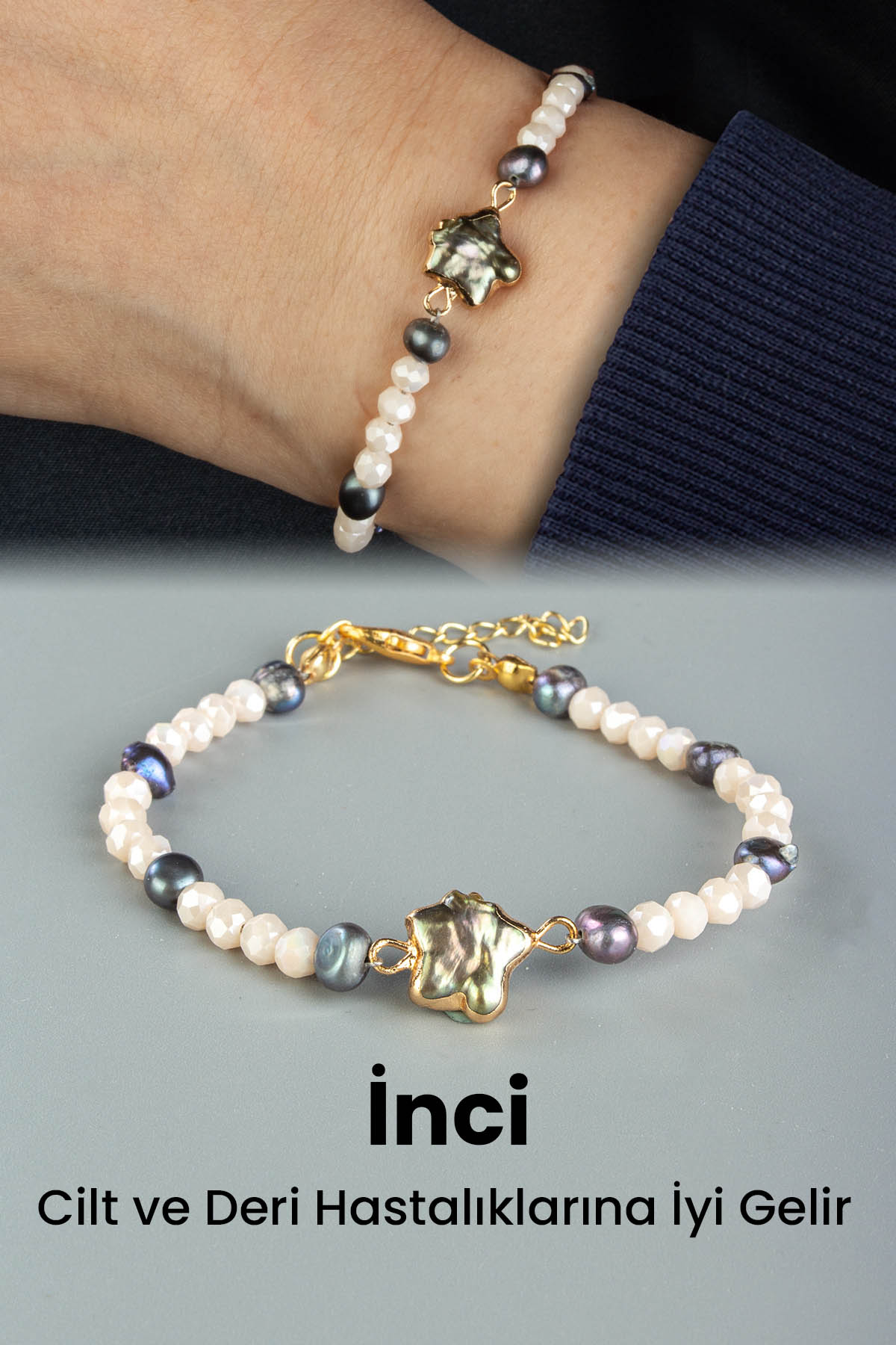 İnci Doğal Taş Kristal Boncuk Zincir Kapamalı Bileklik