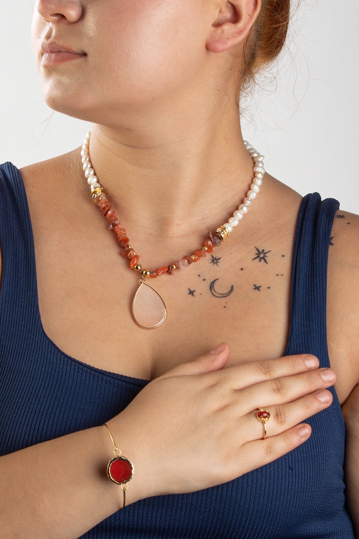 İnci Doğal Taşlı 3 lu Hediye Kadın Takı Seti