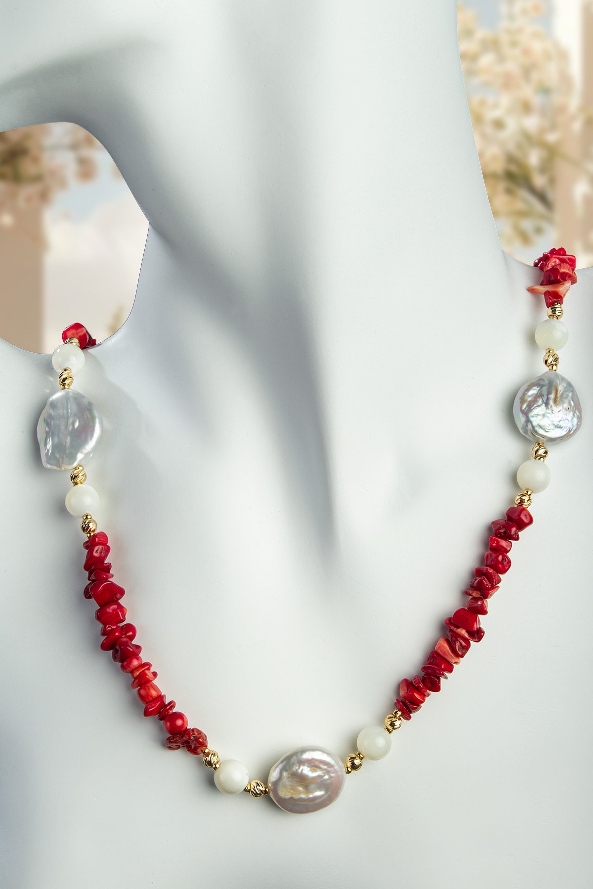 İnci - Mercan Doğal Kırık Taş Zincir Kapamalı Kolye