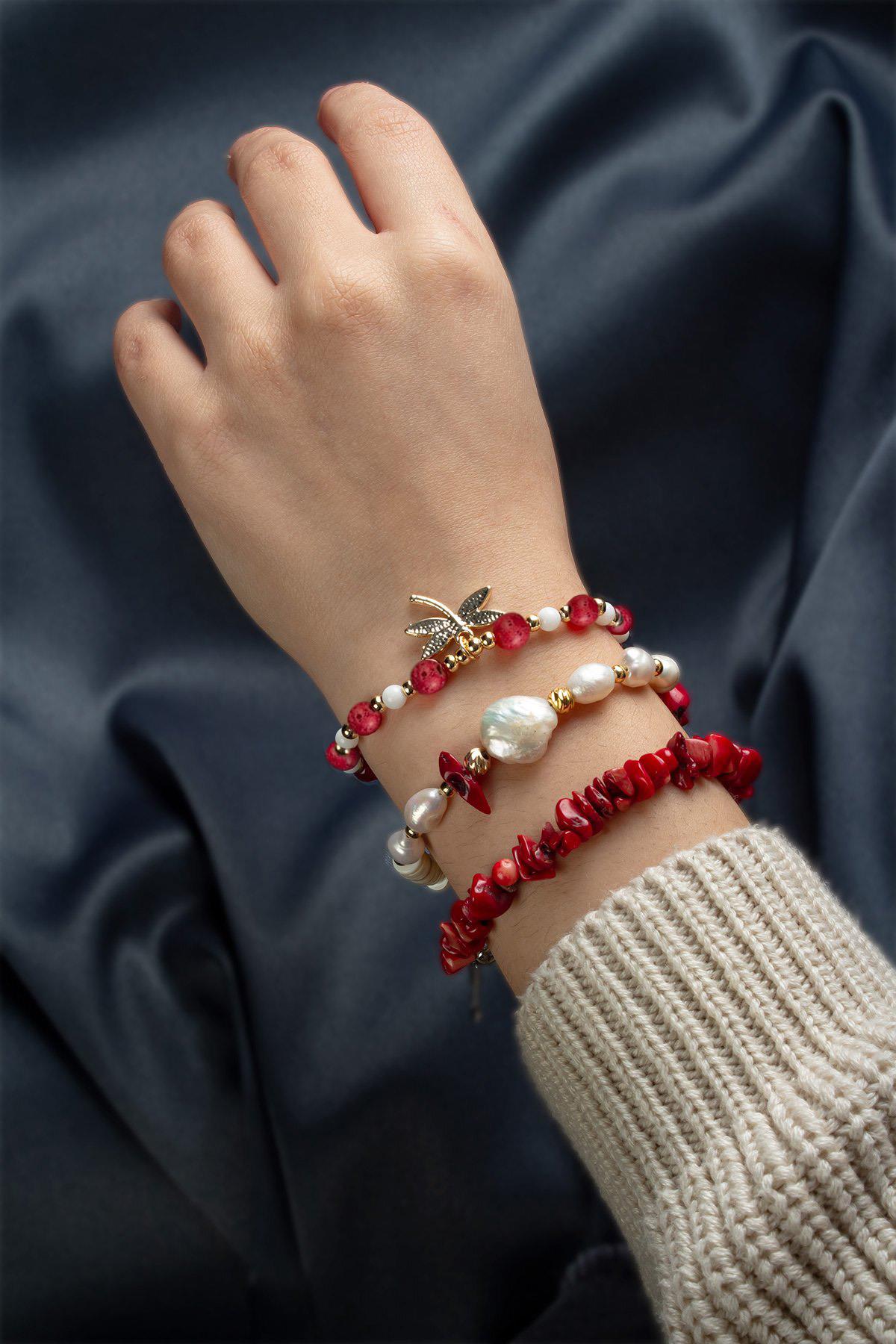 İnci & Mercan Taşı Doğal Kırık Taş 3 lü Bileklik Hediye Seti