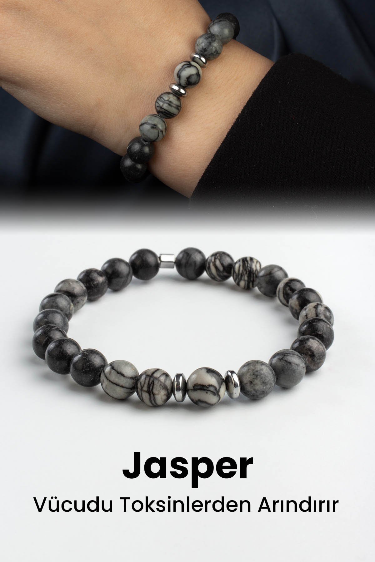 Picasso Jasper Doğal Taş Küre Kesim Parlak Gri 8mm Bileklik