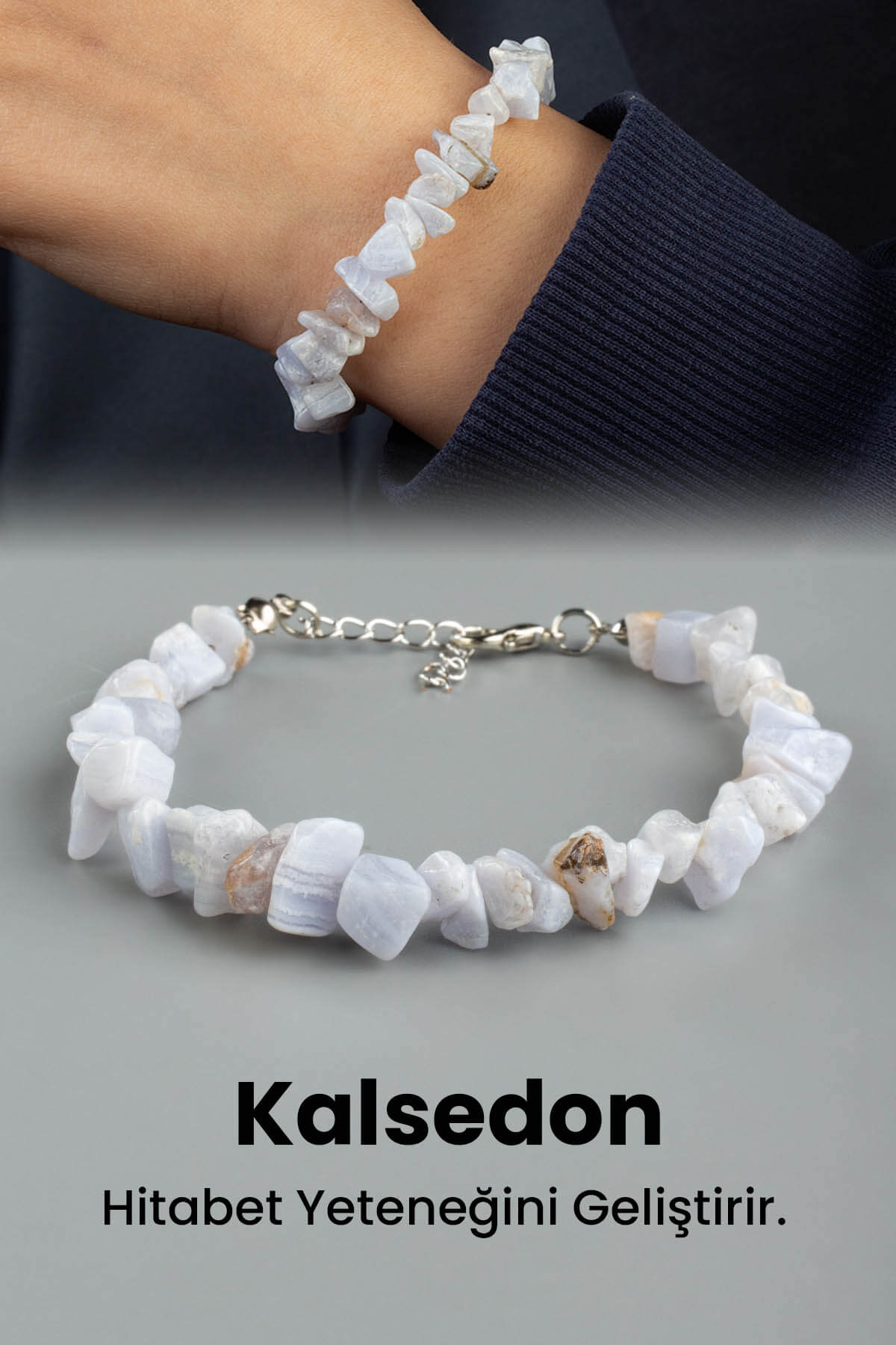 Kalsedon Doğal Kırık Taş Zincir Kapamalı Bileklik