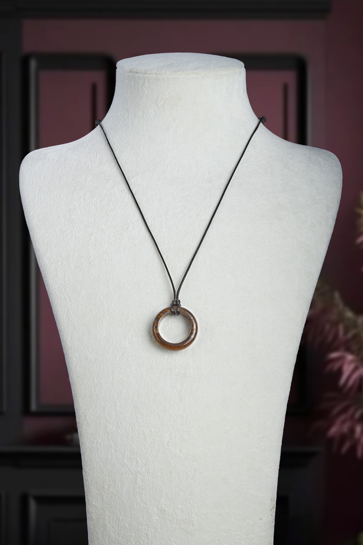 Kaplan Gözü Doğal Taş Halka Yüzük Kore İpli Erkek Kolyesi