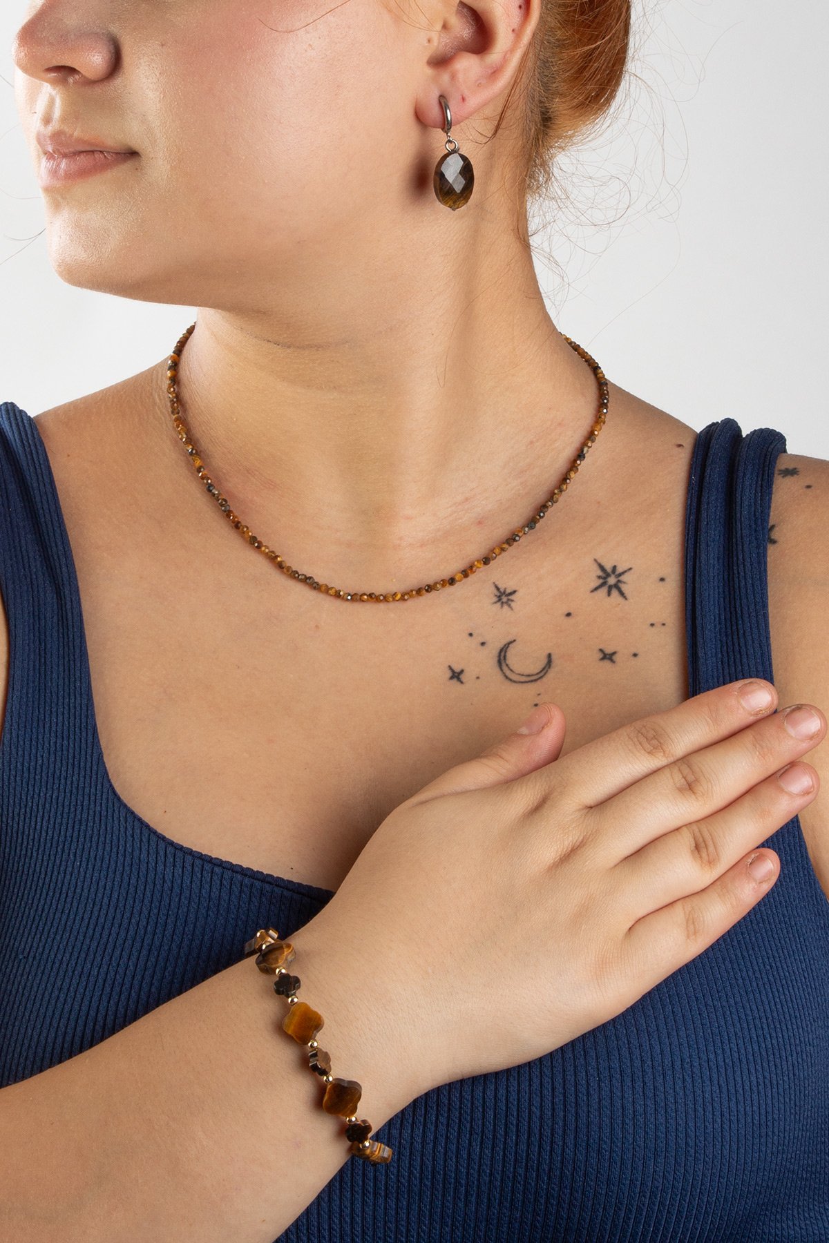 Kaplan Gözü Doğal Taşlı 3 lu Hediye Kadın Takı Seti