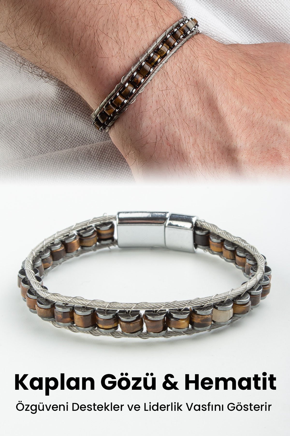 Kaplangözü Doğal Taş Çelik Tel Örmeli Deri Erkek Bilekliği