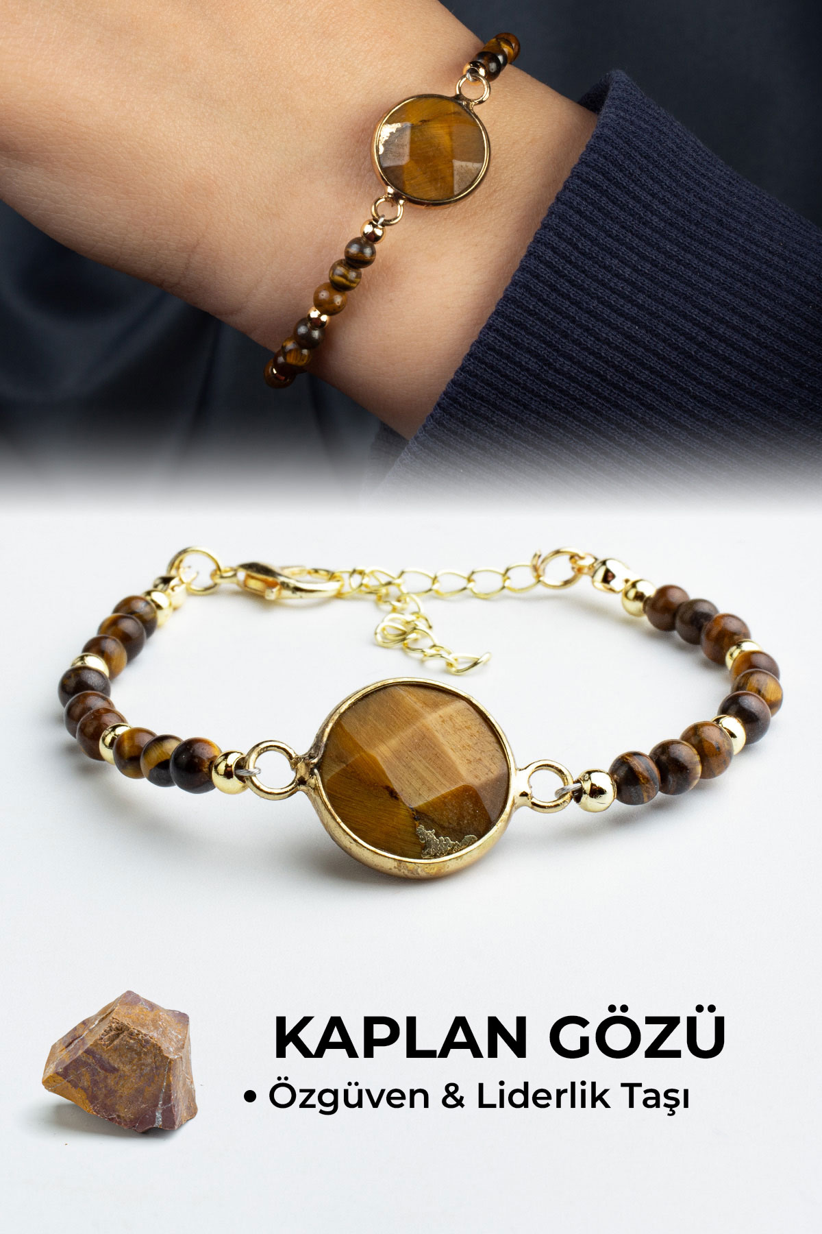 Kaplan Gözü Doğal Taş Küre Kesim Orta Daire Taşlı 4mm Zincirli Bileklik
