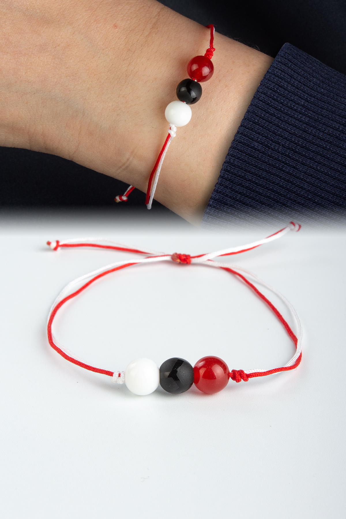 Kırmızı Beyaz Cam Doğal Taş Küre Kesim Taraftar Bilekliği