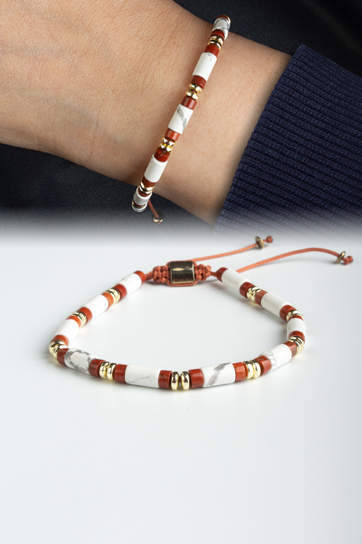 Kırmızı Jasper - Havlit Doğal Taş Silindir Kesim Makrome Bileklik