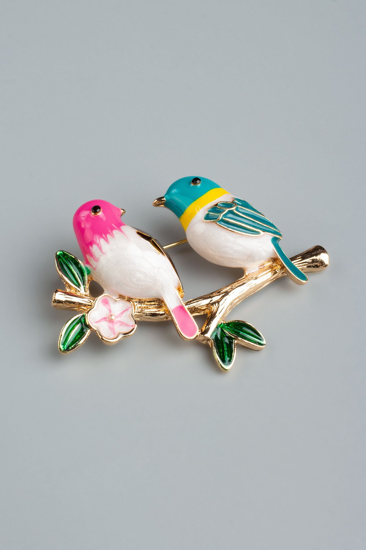 Kuş Desenli Pembe Yeşil Broş