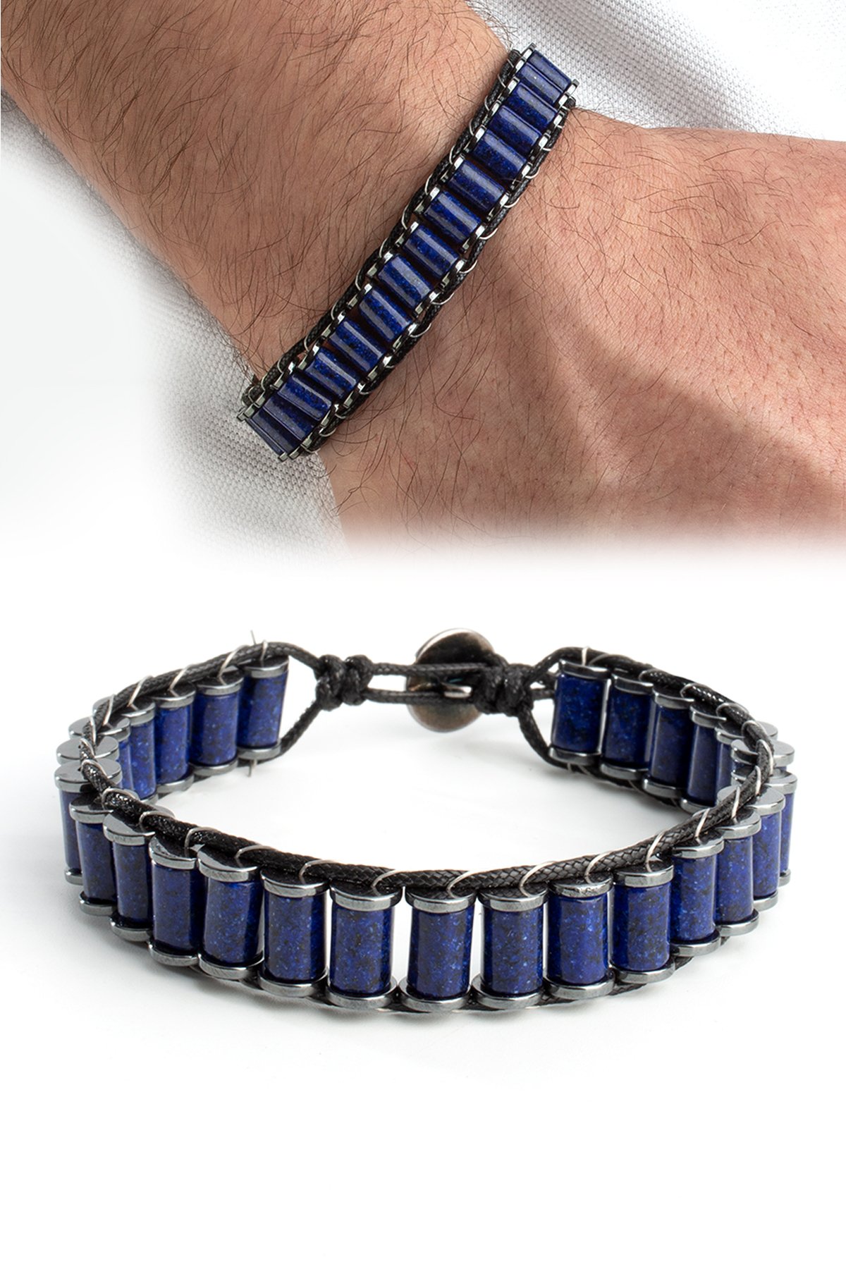 Lapis Doğal Taş Örme Erkek Bilekliği 6x8mm