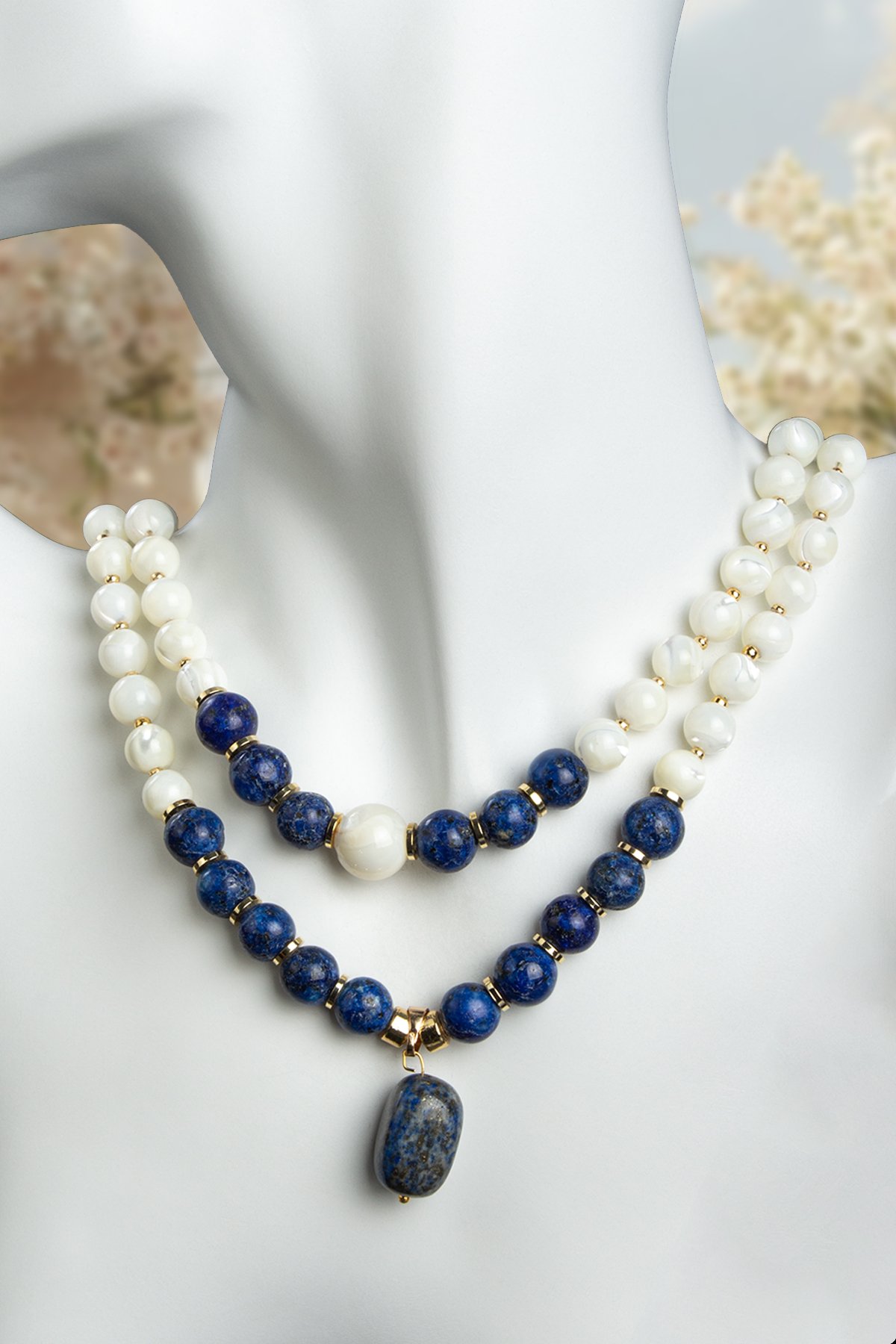 Lapis Lazuli Küre Kesim & Sedef Doğal Taş Küre Kesim Kolye