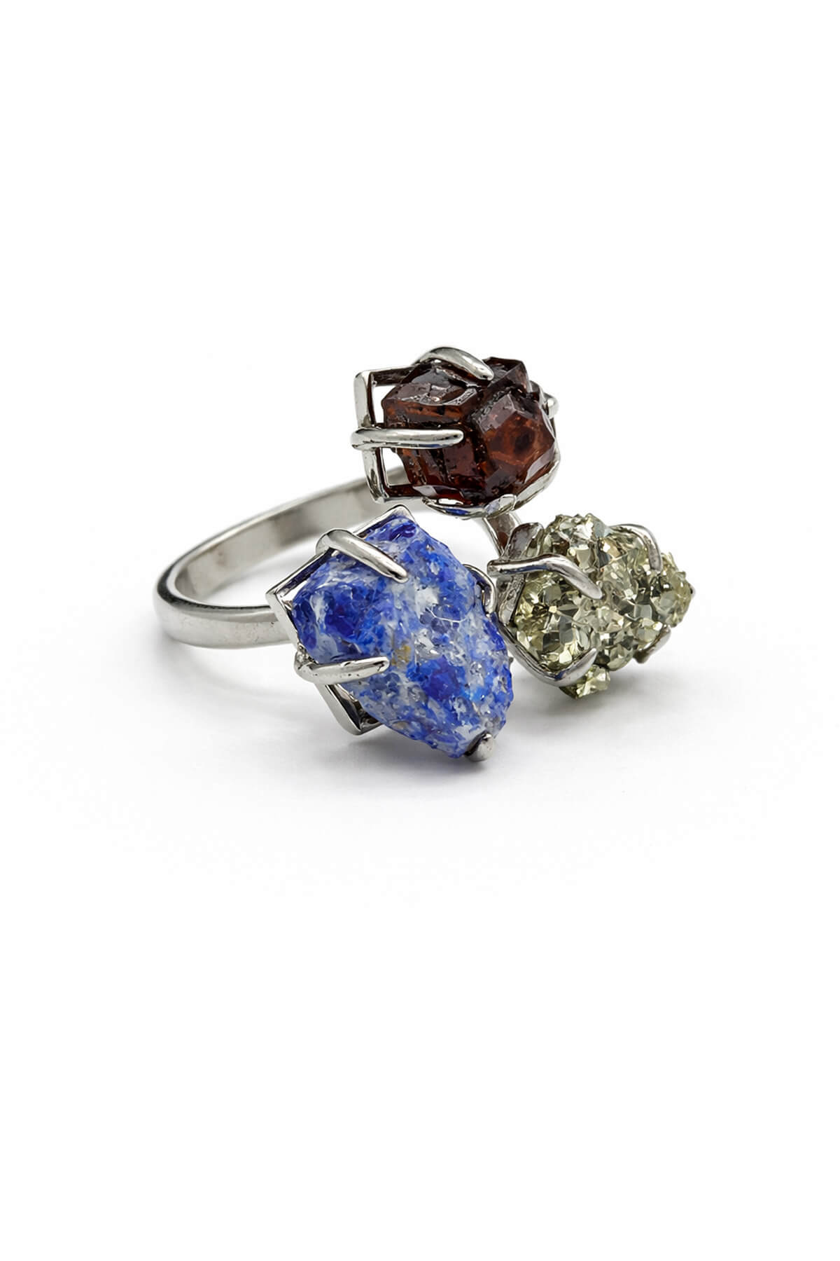 Lapis Lazuli & Pirit & Kuvars Taşı Ham Kütle Kesim Çelik Ayarlanabilir Yüzük