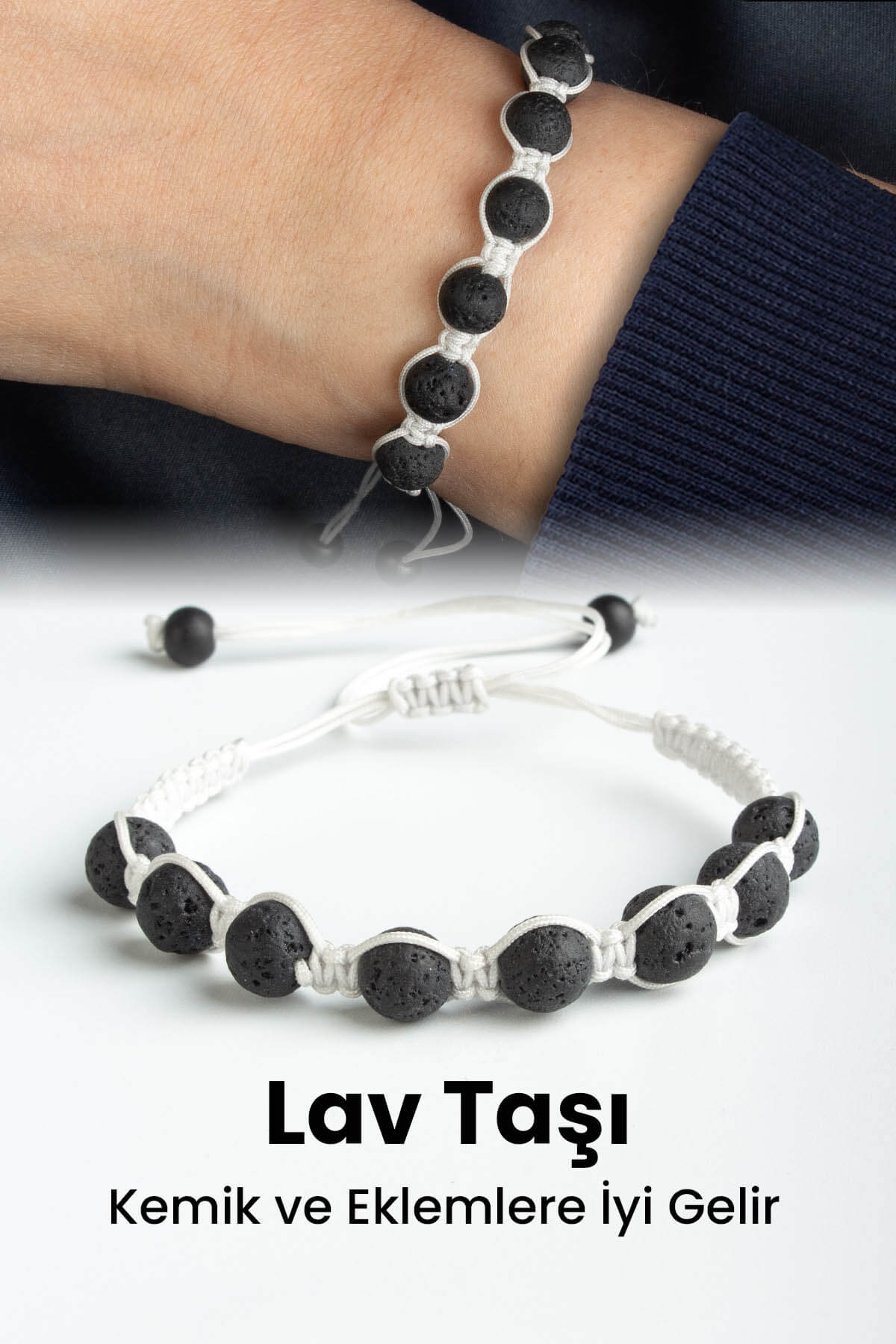 Lav Taşı Doğal Taş Siyah Küre Kesim 8mm Makrome Bileklik