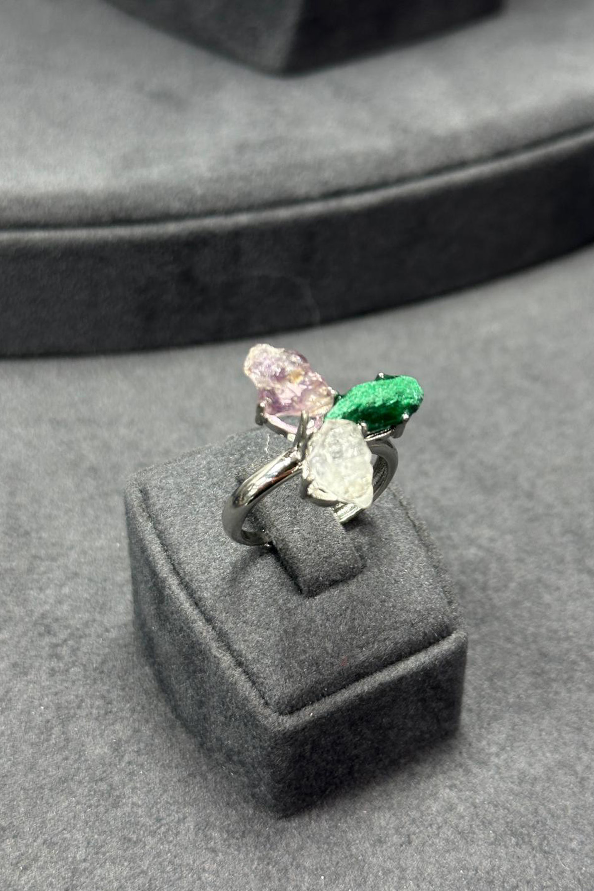 Malakit & Ametist & Kuvars Taşı Ham Kütle Kesim Çelik Ayarlanabilir Yüzük