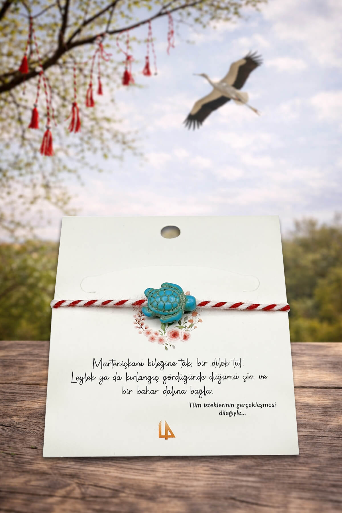 Marteniçka Turkuaz Taşı Kaplumbağa Temalı Kırmızı Beyaz İp Bileklik - Geleneksel Baba Marta Bahar Bi