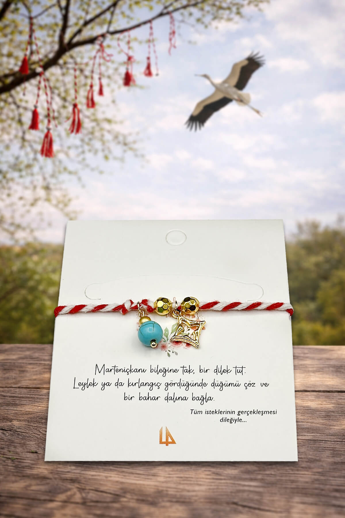 Marteniçka Yıldız Temalı Turkuaz Taşlı Kırmızı Beyaz İp Bileklik - Geleneksel Baba Marta Bahar Bilek