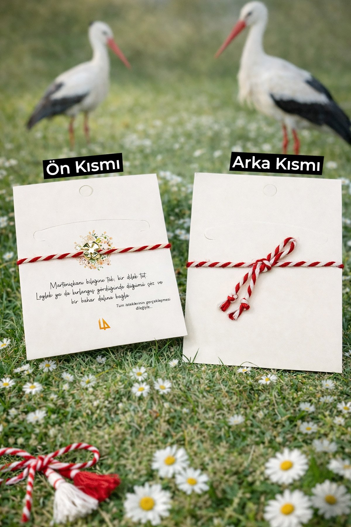 Marteniçka Yonca Temalı Kırmızı Beyaz İp Bileklik - Geleneksel Baba Marta Bahar Bilekliği