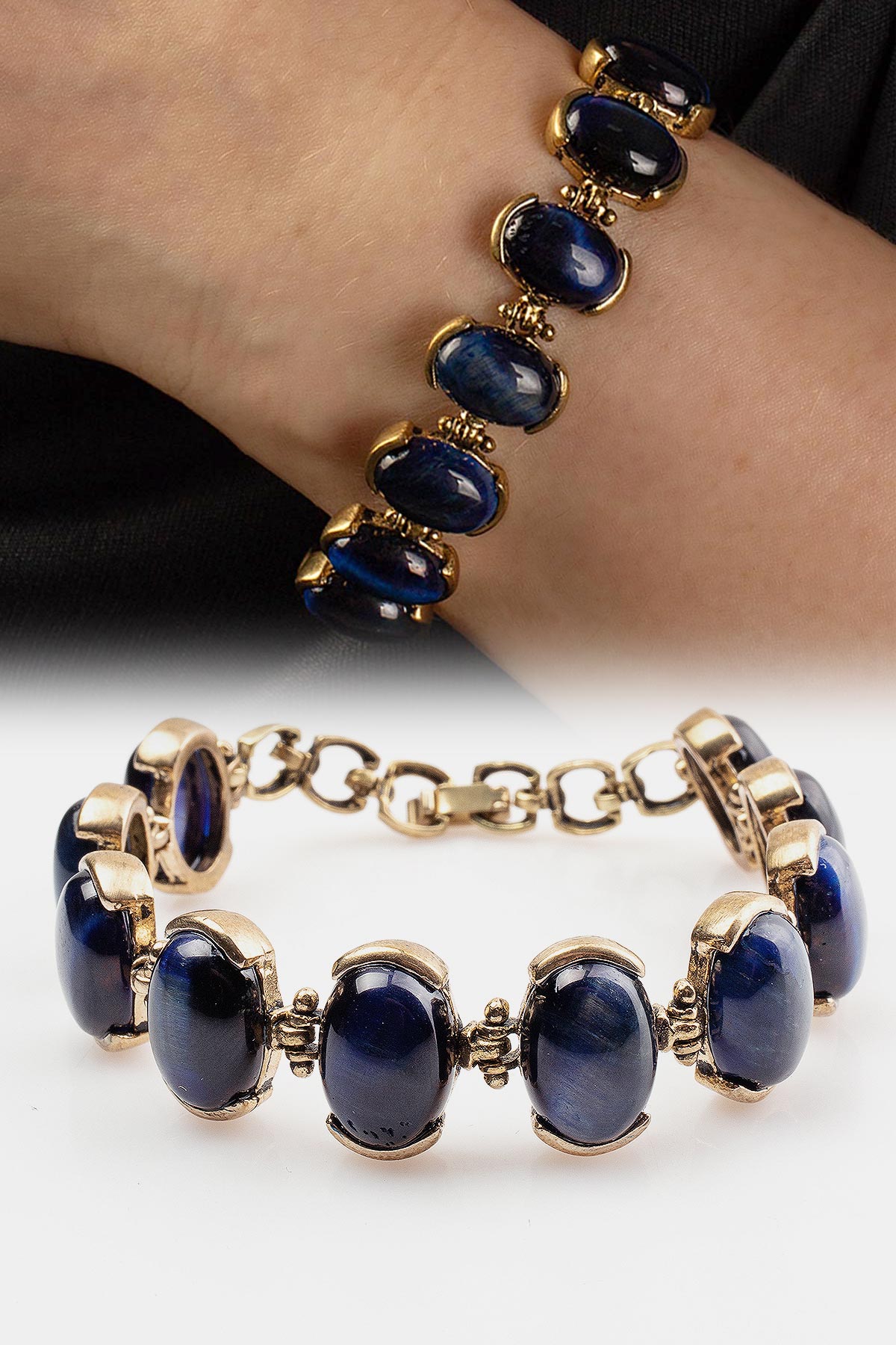 Mavi Kaplangözü Doğal Taş 10 Taşlı Bronz  Bileklik