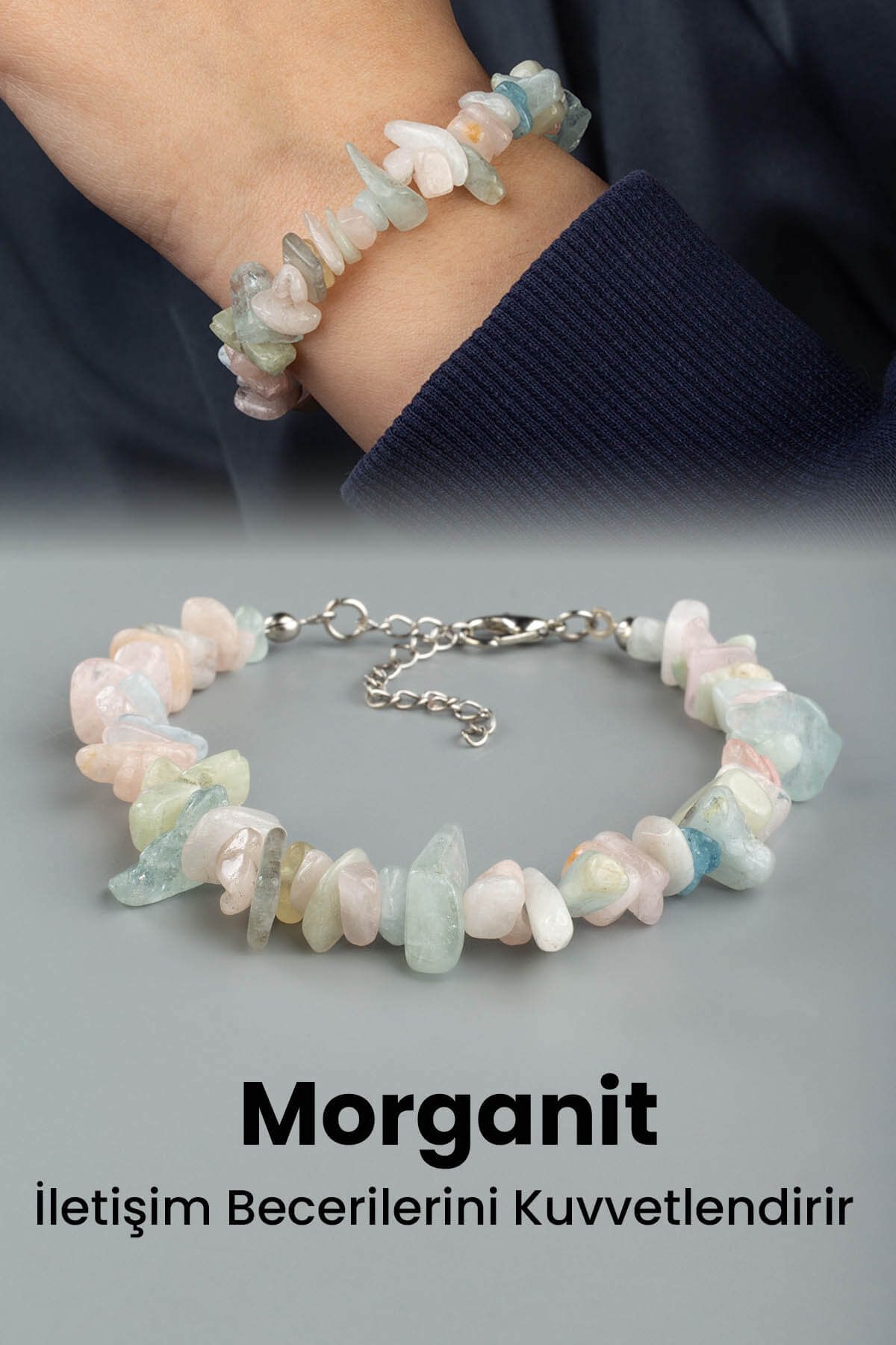 Morganit Doğal Kırık Taş Zincir Kapamalı Bileklik