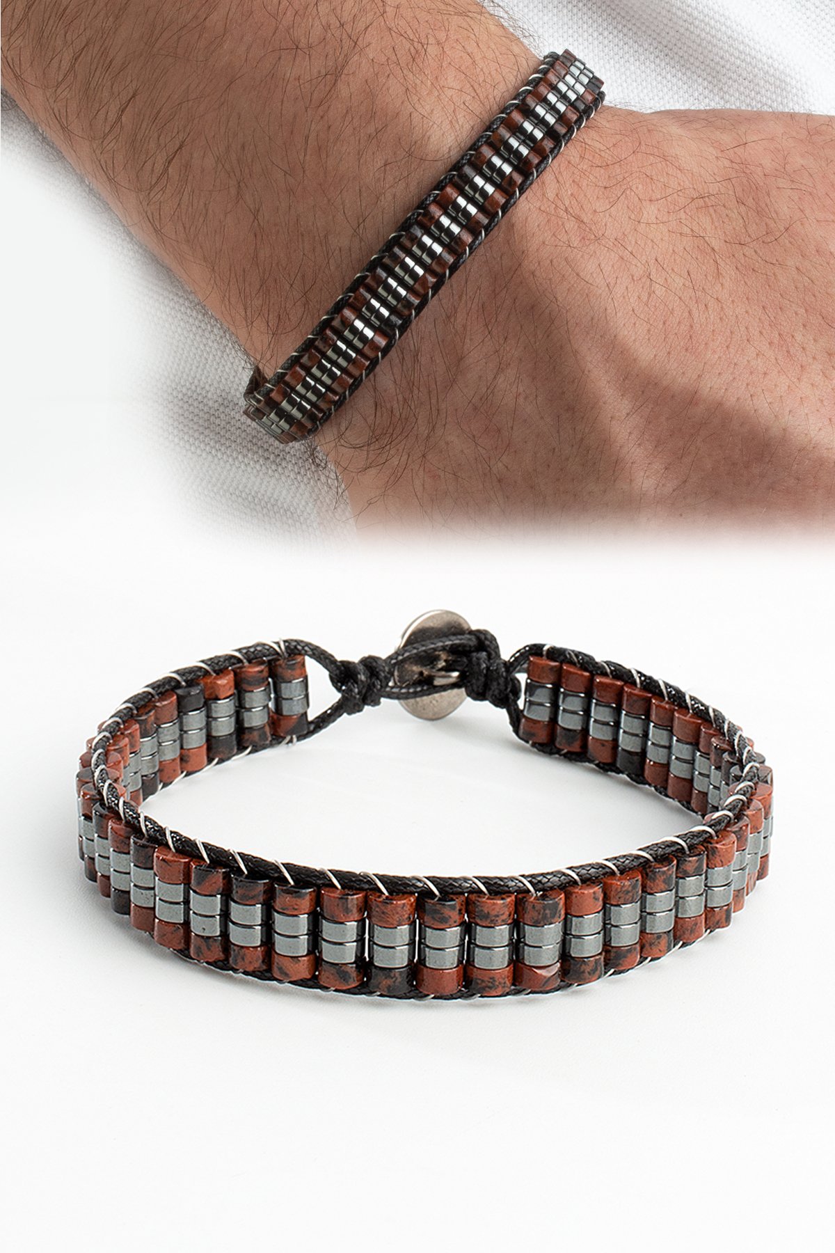 Obsidyen Doğal Taş Kahverengi Örme Erkek Bilekliği 4x2mm