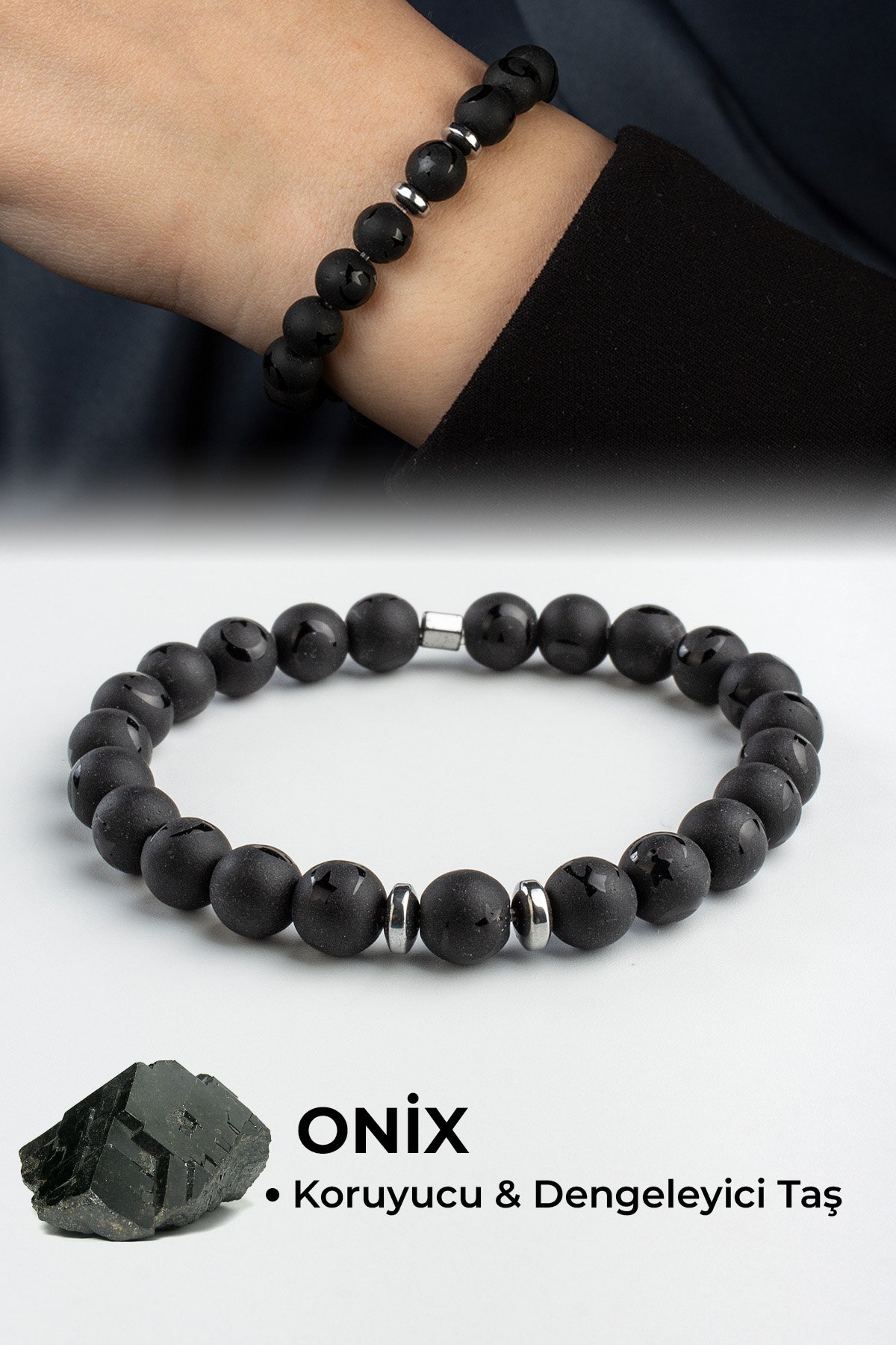 Oniks Doğal Taş Küre Kesim Ay Yıldız Motifli 8mm Bileklik