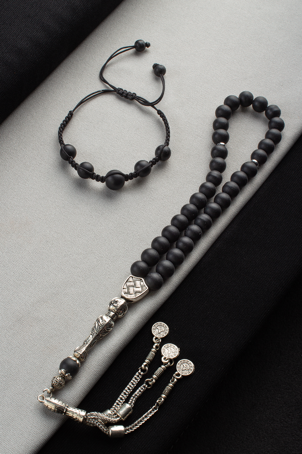 Oniks Doğal Taş Makrome Bileklik & Oniks 33 lü 8mm Tesbih Seti