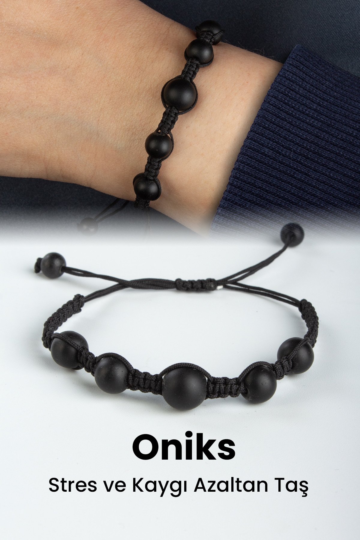 Oniks Doğal Taş Mat Siyah Küre Kesim 8mm Makrome Bileklik