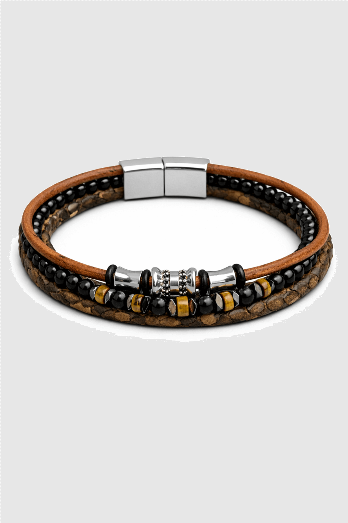 Oniks Ve Hematit Doğal Taşlı Taba Zirkonlu Üçlü Deri Erkek Bilekliği