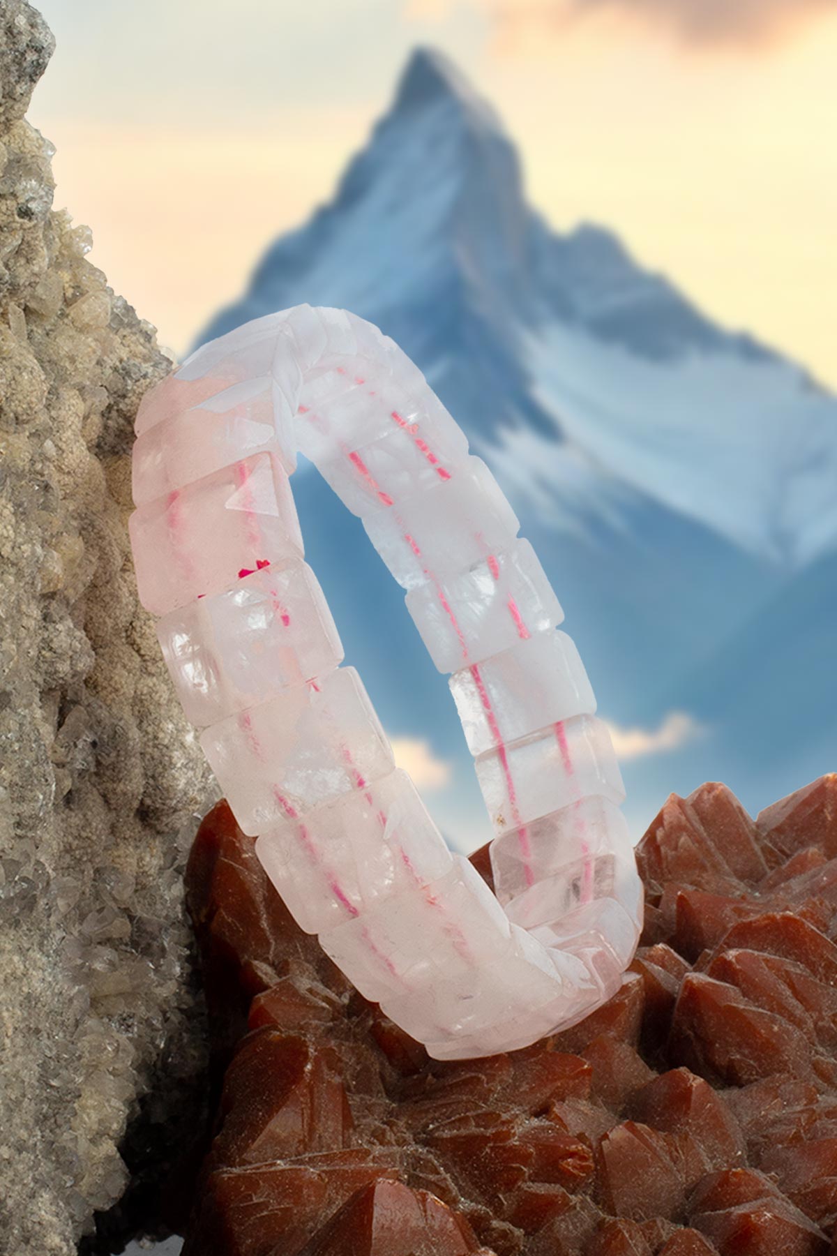 Pembe Kuvars Doğal Taş Dikdörtgen Kesim Roleks Bileklik