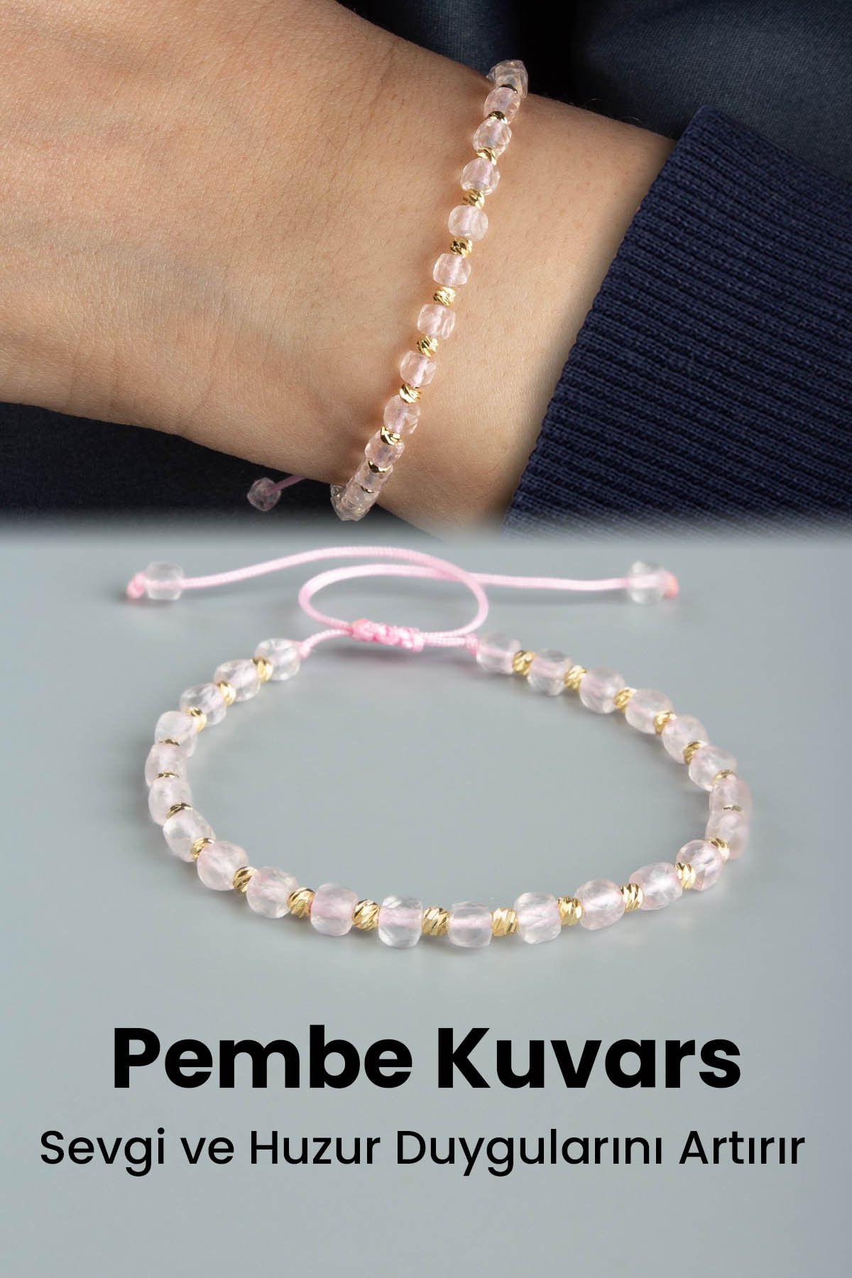 Pembe Kuvars Doğal Taş Faset Küp Kesim 4mm Makrome Bileklik