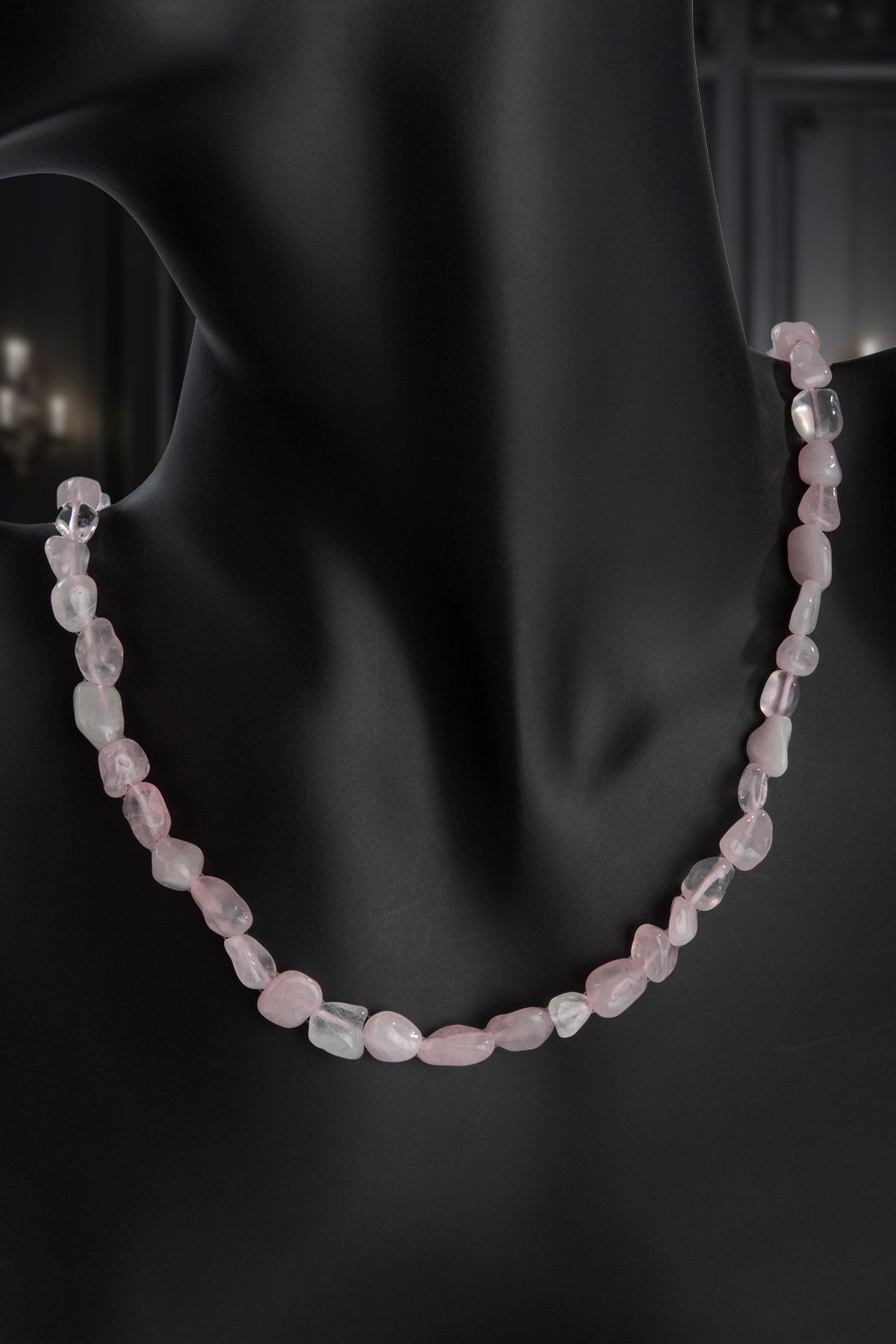 Pembe Kuvars Doğal Taş Tımbıl Kesim Zincir Kapamalı Kolye