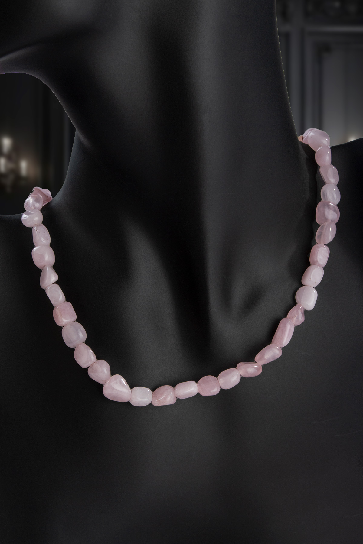 Pembe Kuvars Doğal Taş Tımbıl Kesim Zincir Kapamalı Kolye