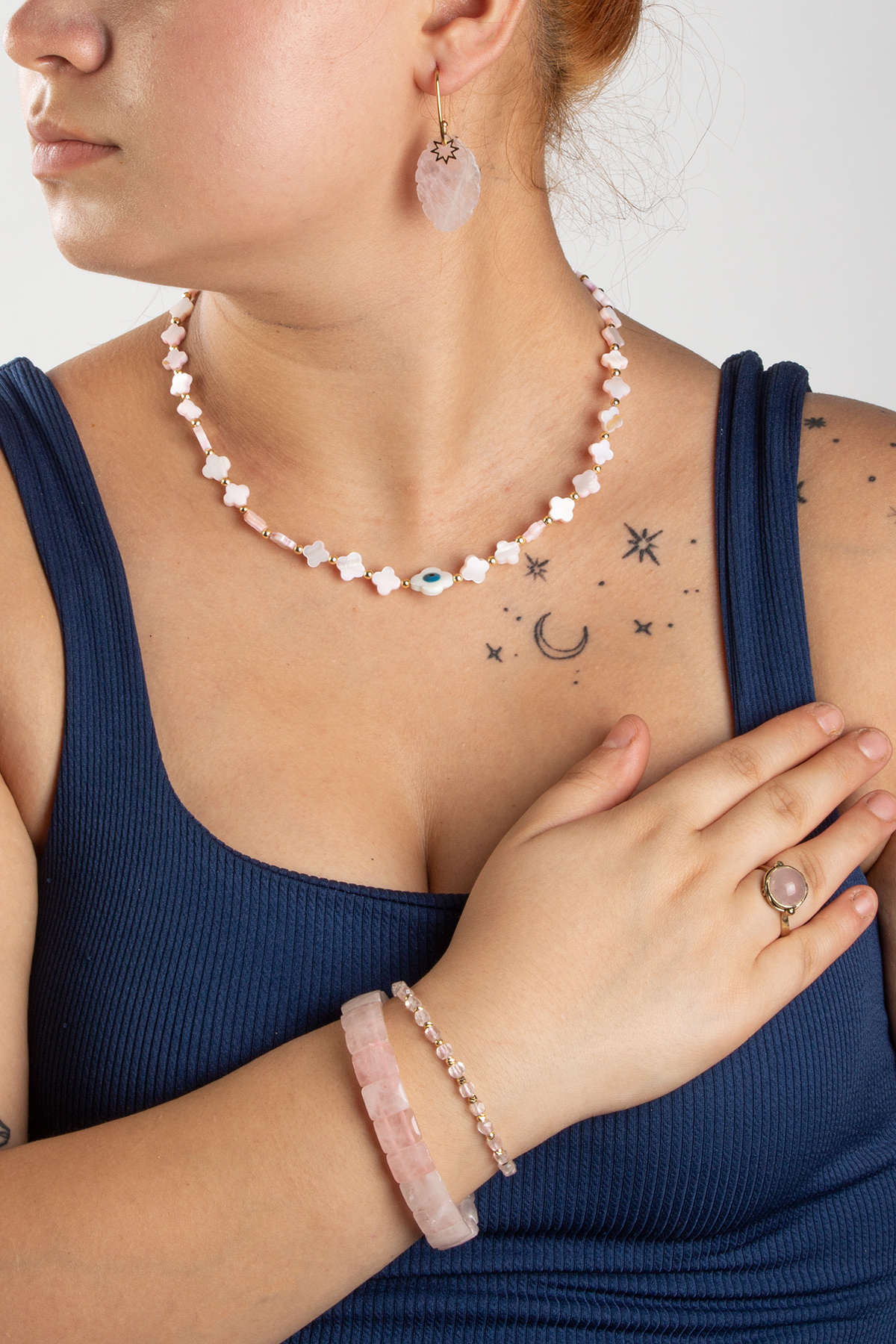 Pembe Kuvars Doğal Taşlı 3 lu Hediye Kadın Takı Seti