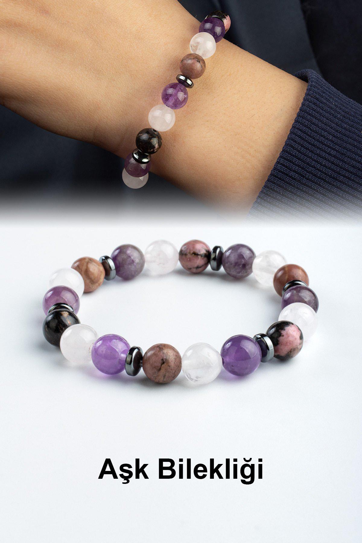 Pembe Kuvars-Rodonit-Karışık Doğal Taş Küre Kesim Aşk Bilekliği