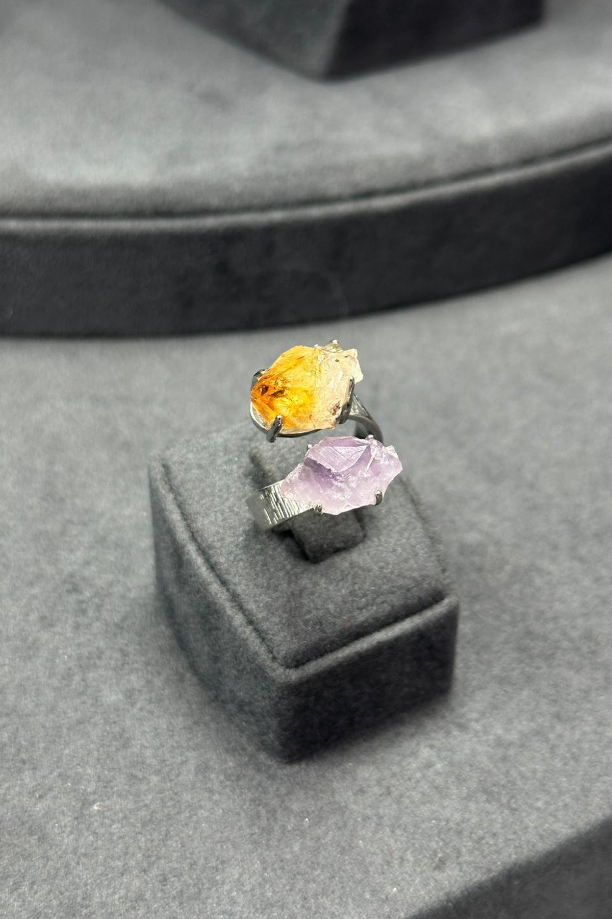 Pembe Kuvars & Sitrin Taşı Ham Kütle Kesim Çelik Ayarlanabilir Yüzük