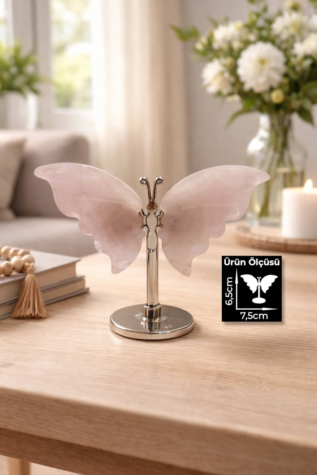 Pembe Kuvars Taşı Doğal Taş Standlı Kelebek Figürlü Ev Dekorasyon Obje