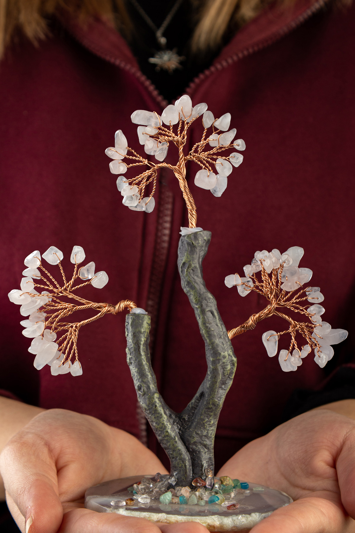 Pembe Kuvars Taşı El Yapımı 8x17cm Doğal Taş Dekoratif Hayat Ağacı