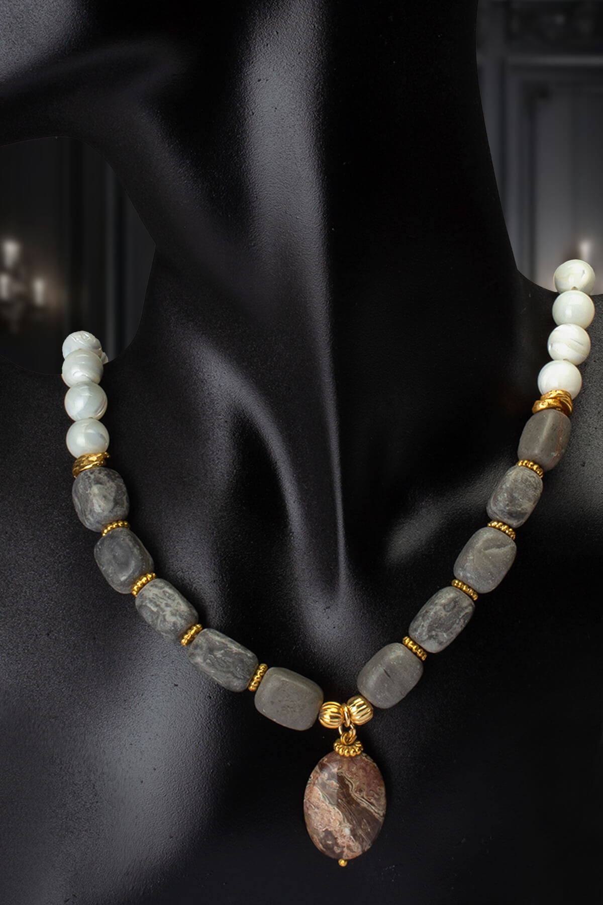 Picasso Jasper - Sedef Doğal Taş Küre Kesim Kolye