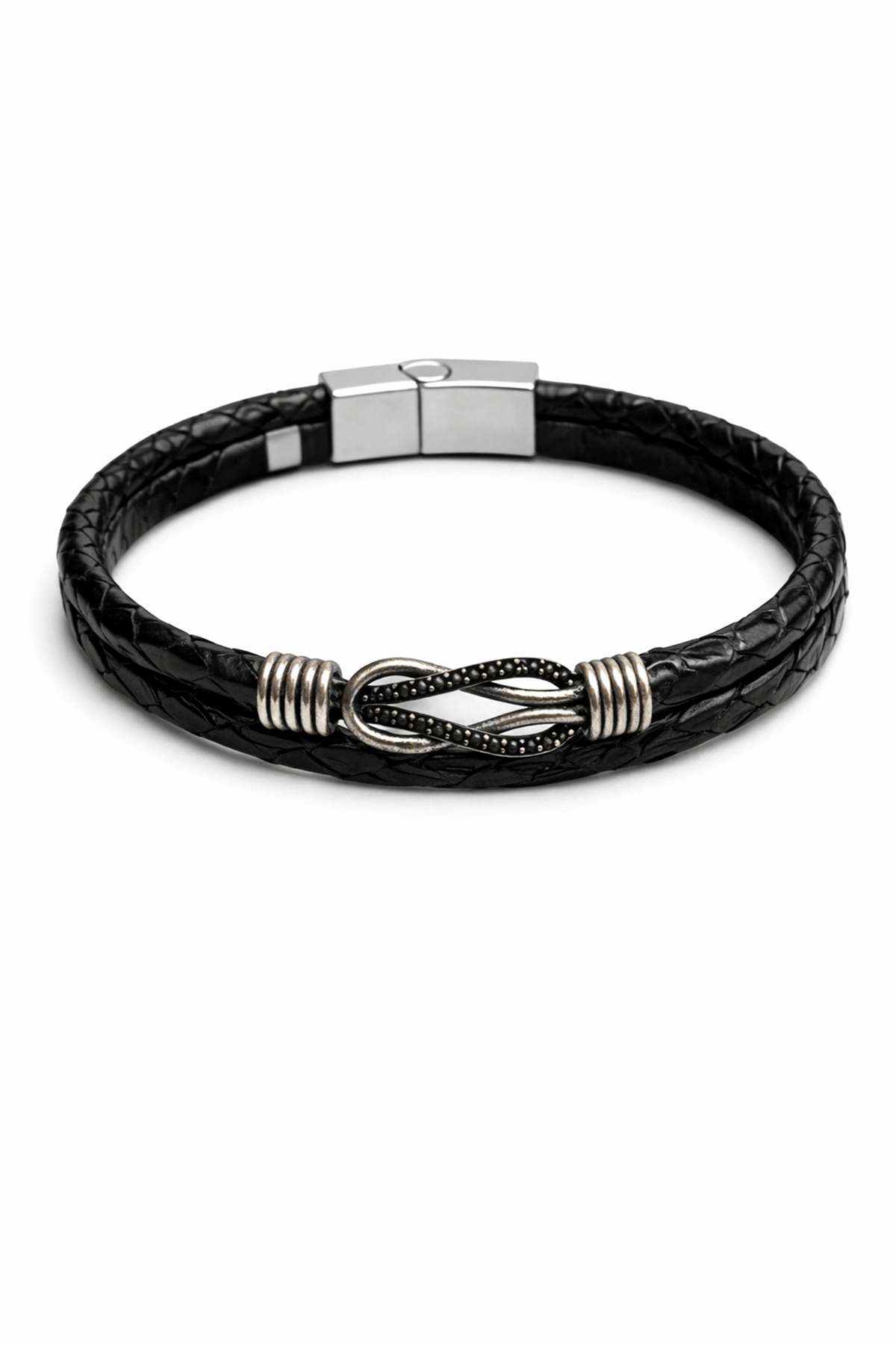 Piton Deri Siyah Sonsuzluk Zirkon İkili Deri Erkek Bilekliği