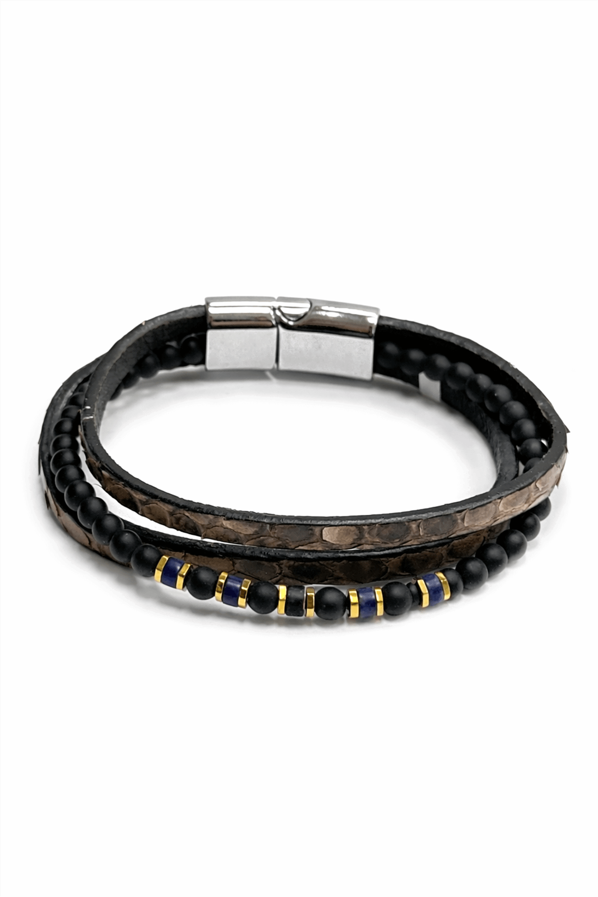 Piton Yassı Kesim Sodalit Doğal Taş Üçlü Deri Erkek Bilekliği