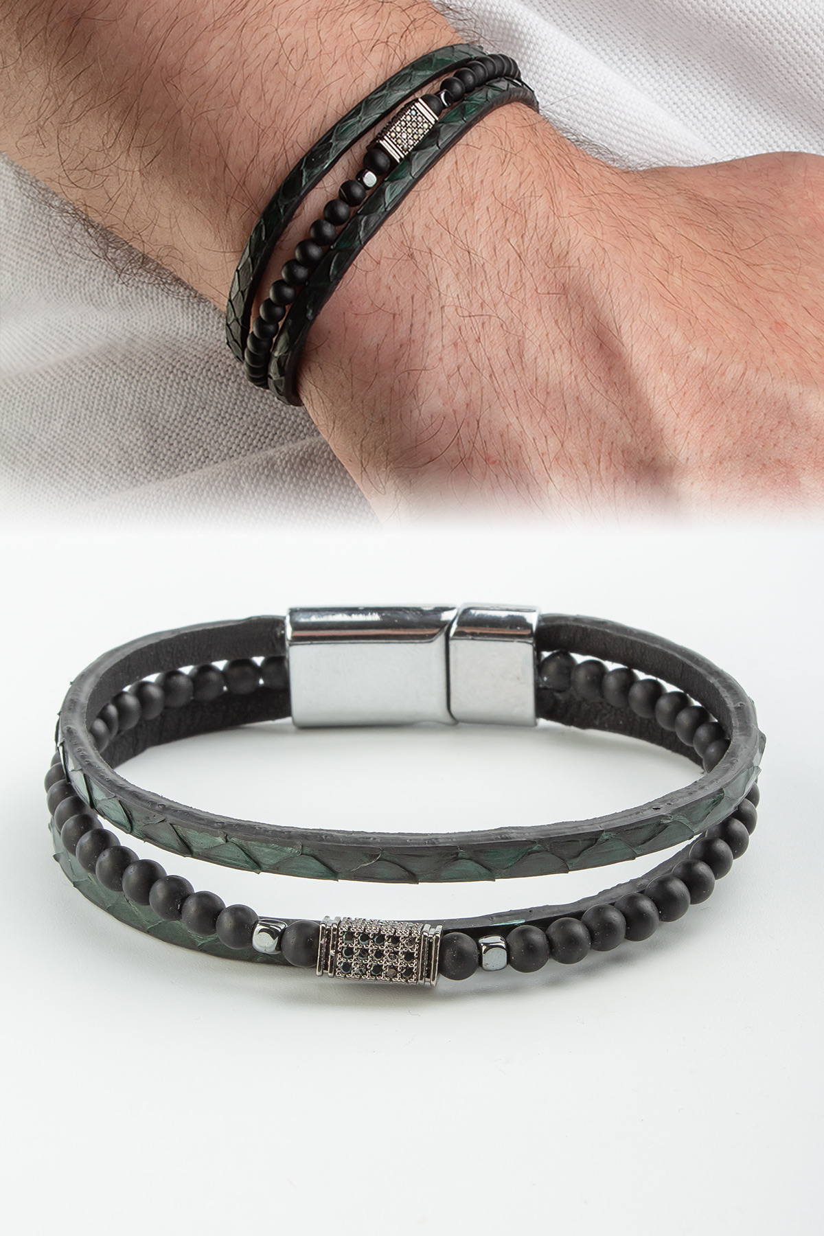 Piton Yassı Kesim Yeşil Oniks Taşlı Üç Sıra Deri Erkek Bilekliği