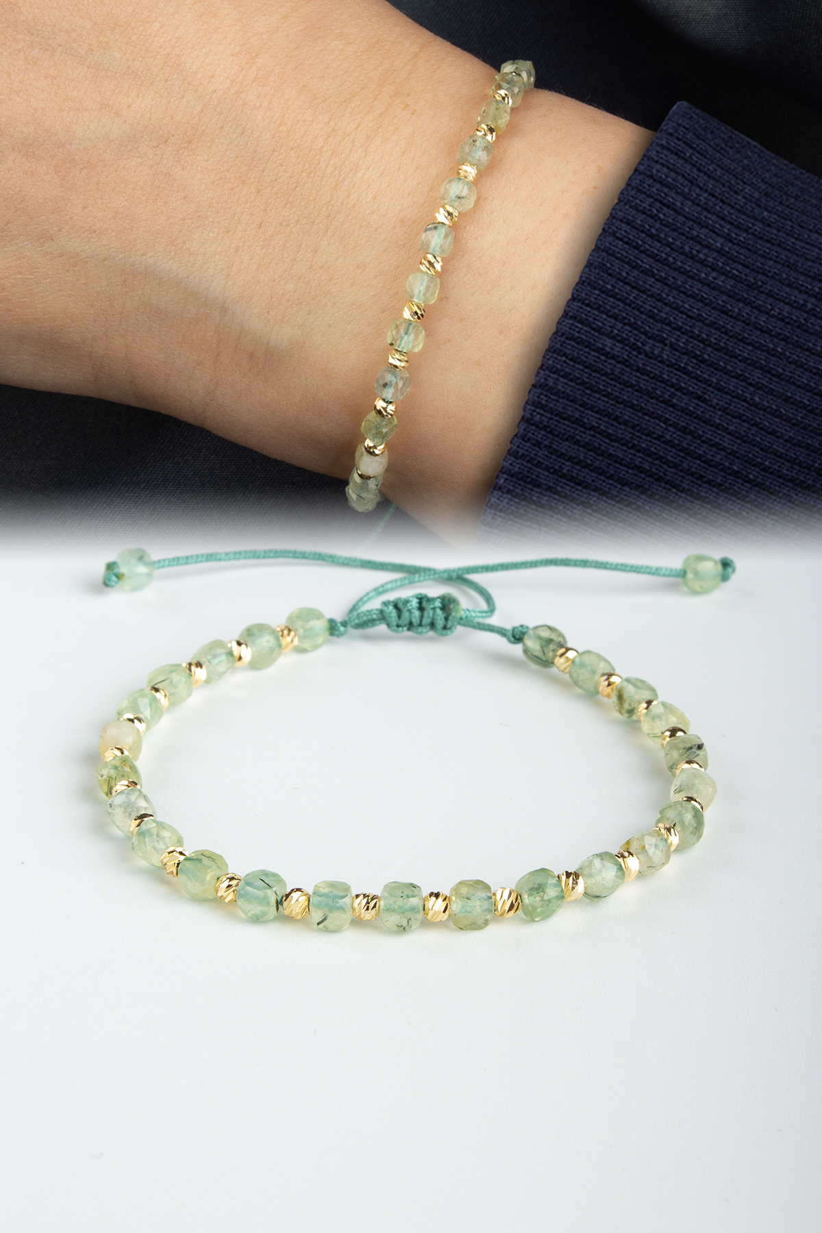 Prehnit Doğal Taş Küp Kesim Makrome Bileklik