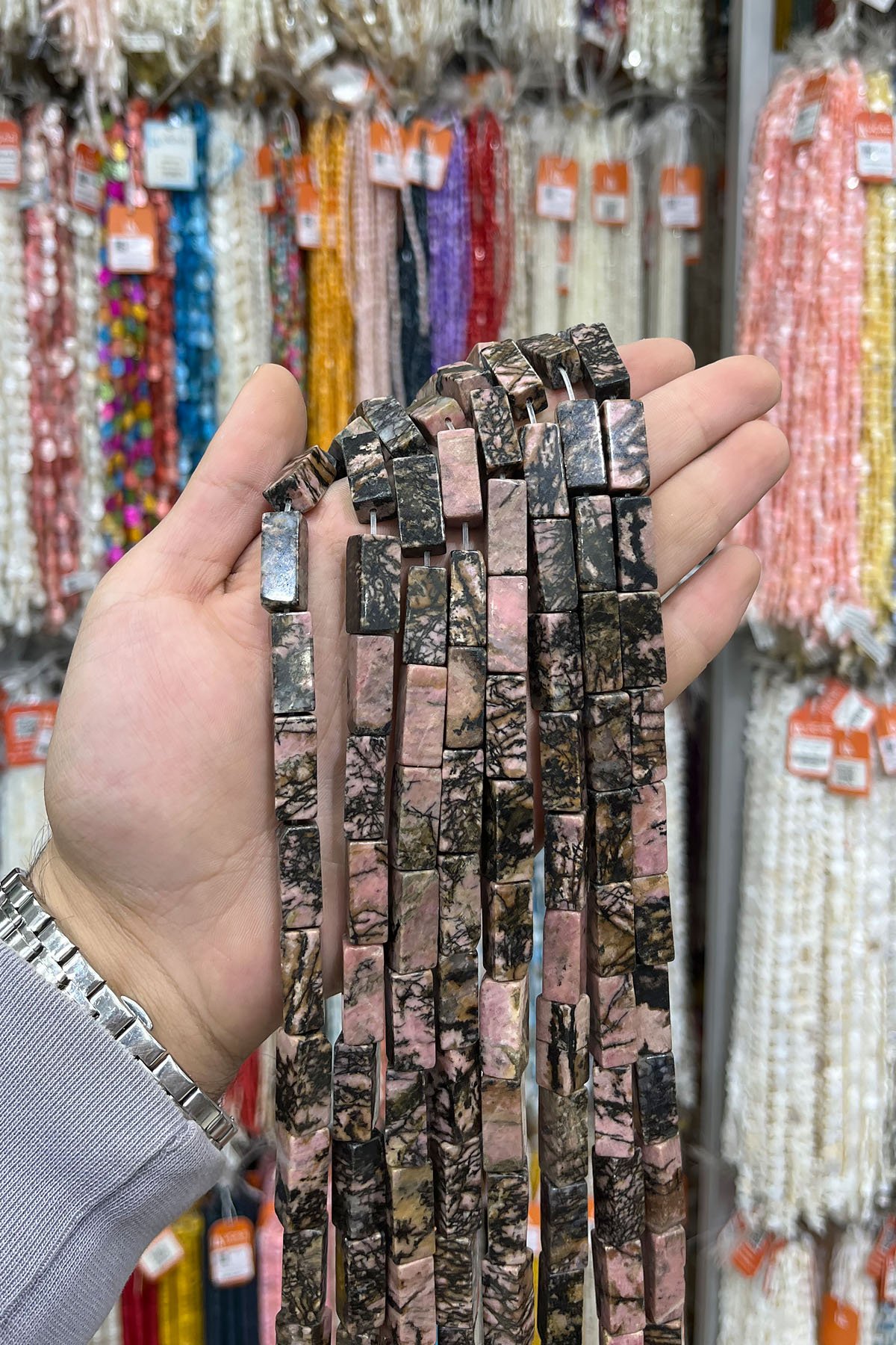 Rodonit Doğal Taş Dikdörtgen Kesim 8x20mm Dizi