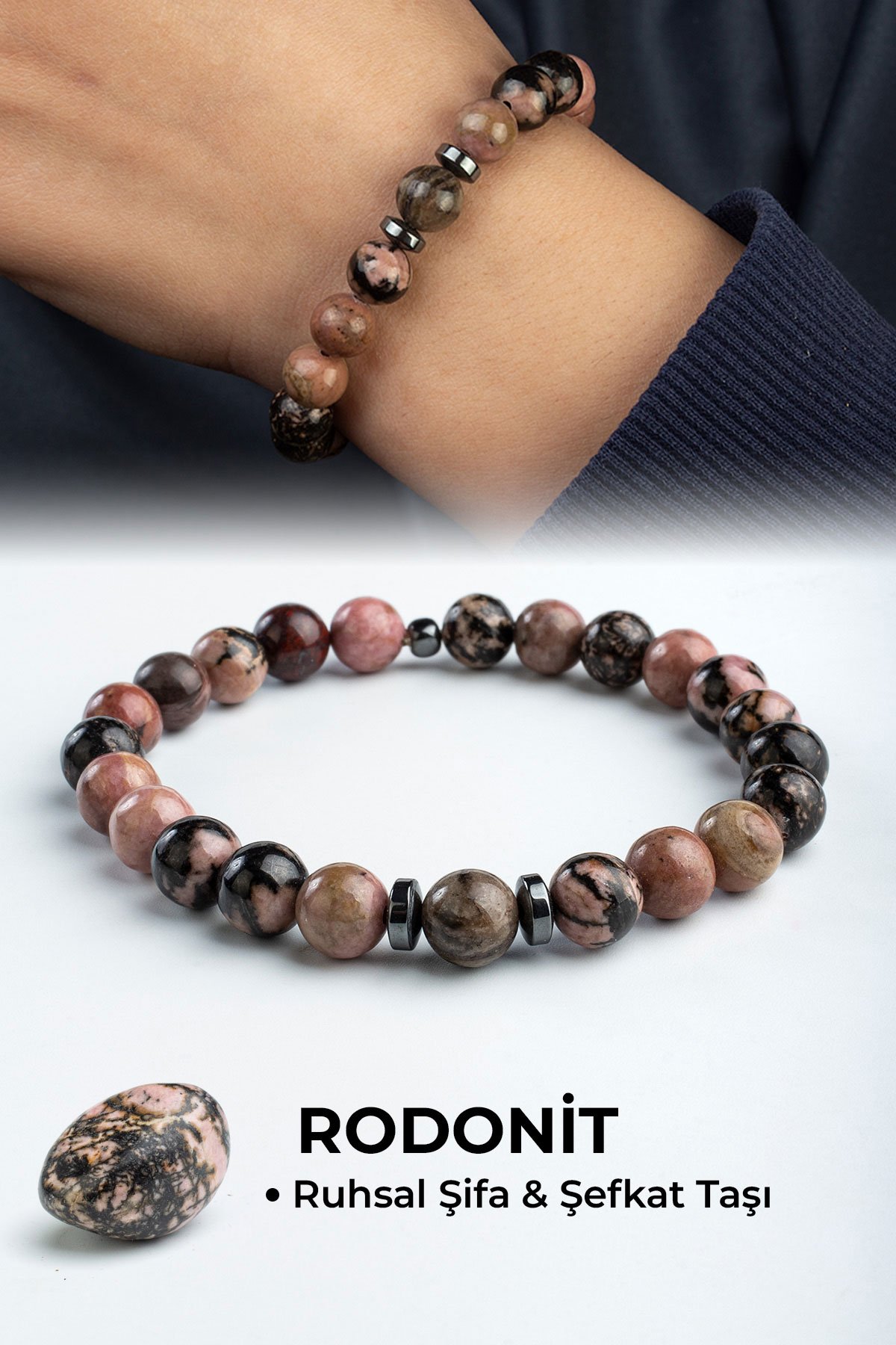 Rodonit Doğal Taş Küre Kesim Parlak Pembe Damarlı 8mm Bileklik