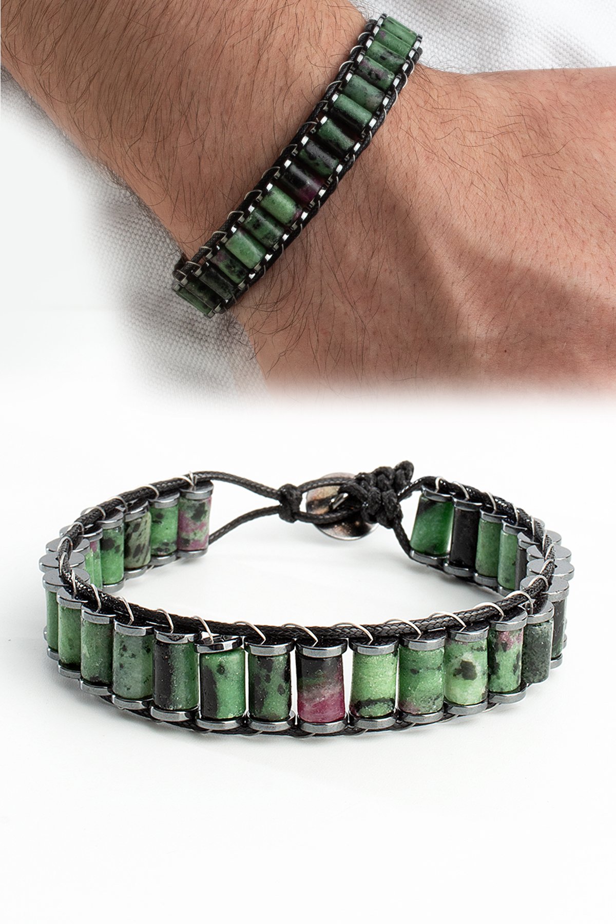 Ruby Zoisit Doğal Taş Örme Erkek Bilekliği 4x2mm