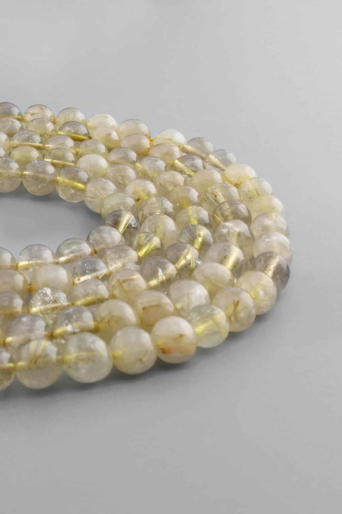 Rutil Kuvars Doğal Taş Parlak Sarı Küre Kesim 8mm Dizi [AA]
